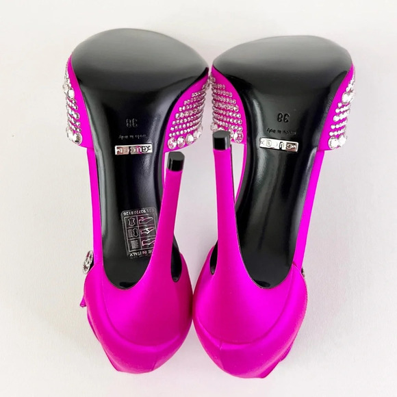 New GUCCI Crystal GG Embellished Hot Pink Fuchsia Satin Heel Sandal Ankle Strap - Picture 10 of 14